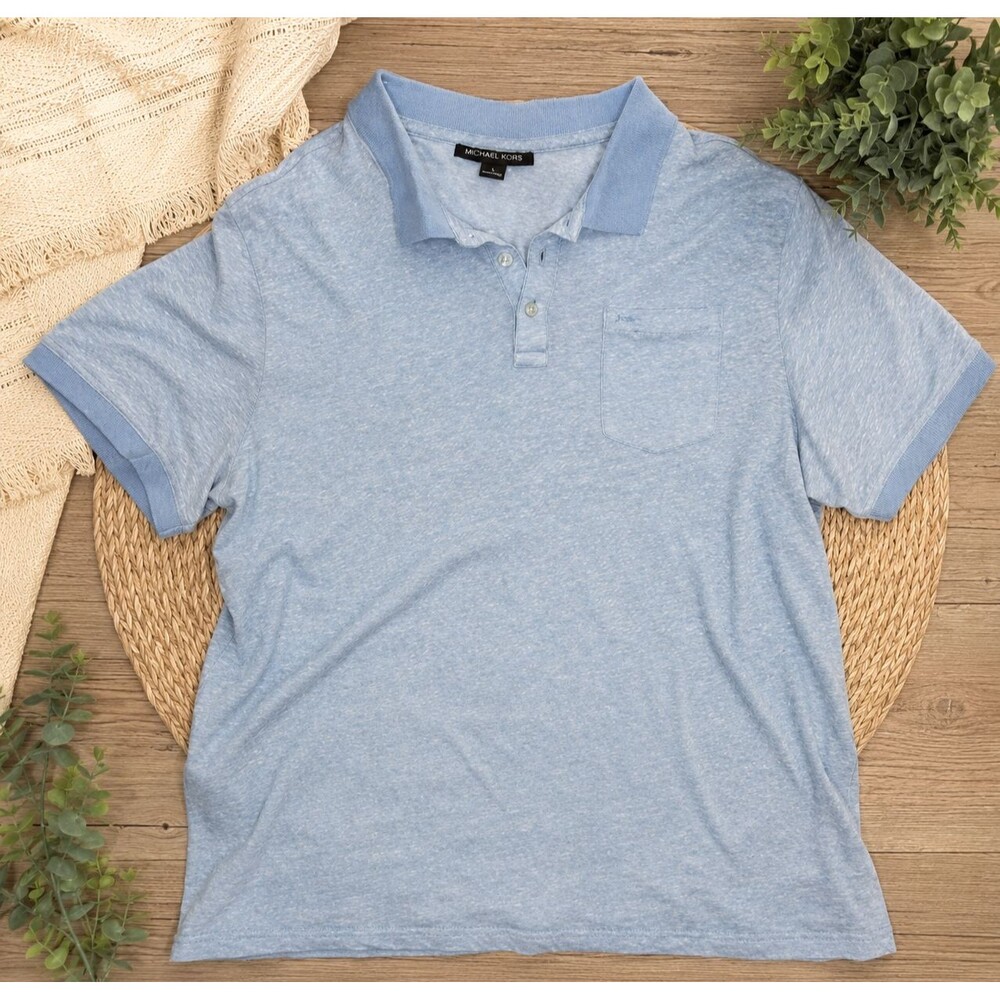 Michael Kors Men’s Polo Shirt Size Large Light Blue Linen Blend Short Sleeve